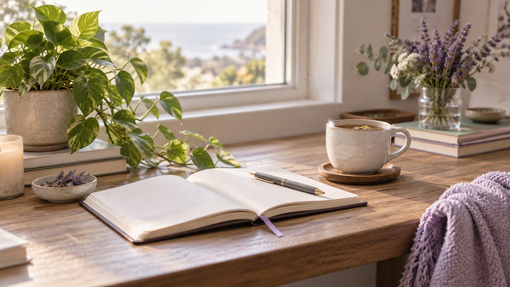 Cuaderno abierto y taza de té para reflexiones de bienestar emocional