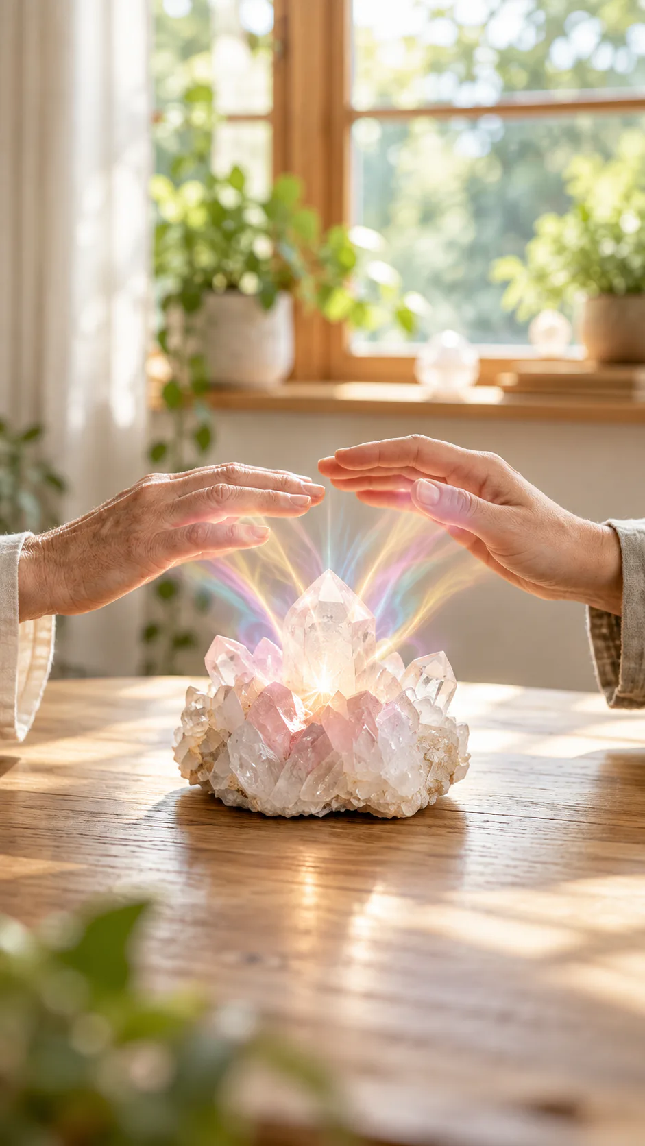 Manos acompañando un cristal en un espacio de terapia holística