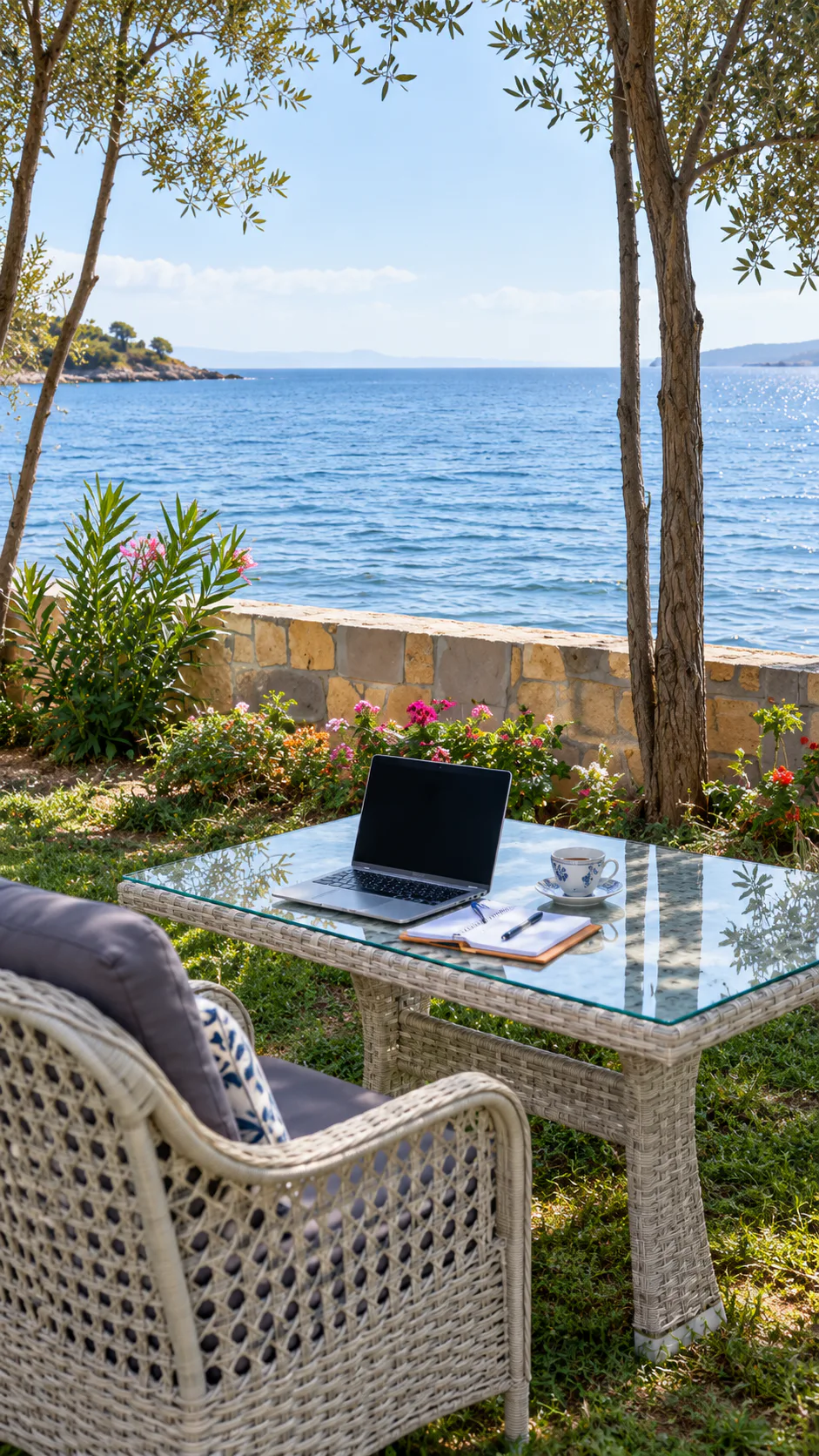 Espacio de trabajo junto al mar para una sesión de terapia online
